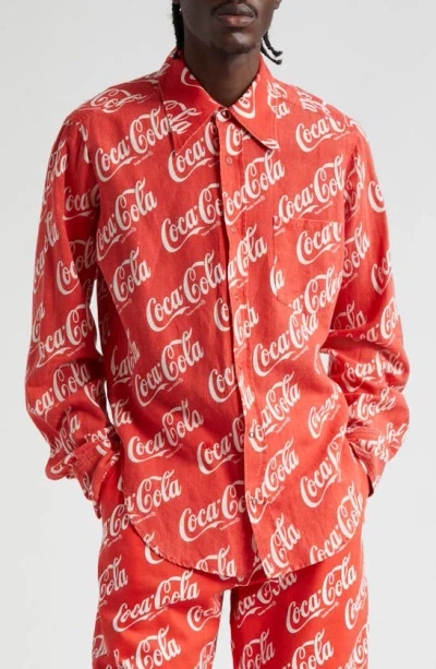 Erl Printed Cotton And Linen X Cocacola Shirt In Rosso