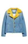 Erl Gender Inclusive Venice Genuine Shearling Trim Denim Jacket In Blue