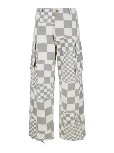 Erl Grey Cargo Jeans With Asymmetric Check Motif In Cotton Denim Man In Gray