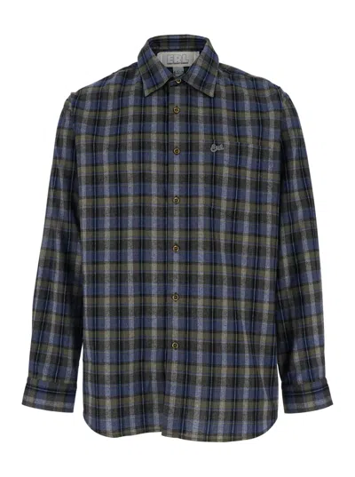 Erl Grey Long-sleeved Shirt With Check Motif In Cotton Blend Man In Multi