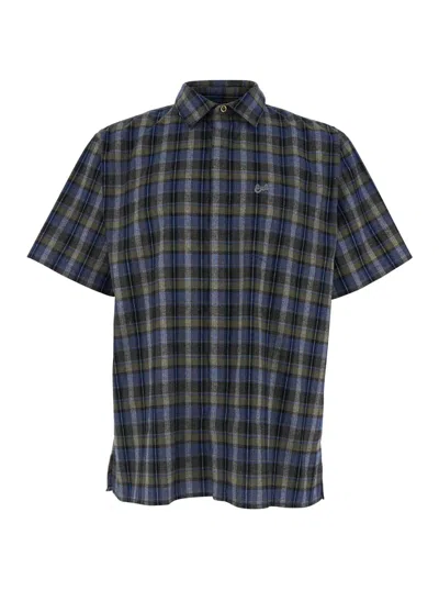Erl Grey Short-sleeved Shirt With Check Motif In Cotton Blend Man In Gray