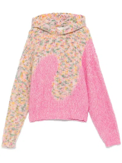 Erl Swirl Oversized Logo-embroidered Ribbed-knit Hooded Sweater In Pink