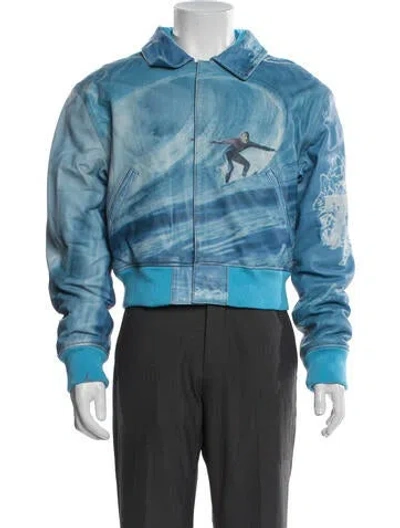 Pre-owned Erl Lamb Leather Printed Bomber Jacket In Blue
