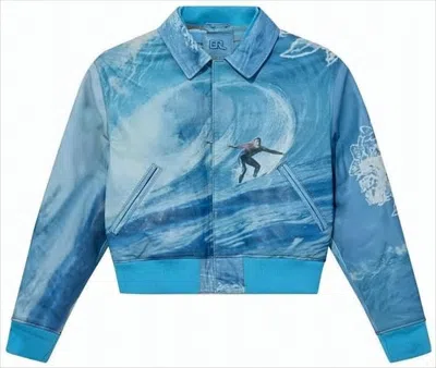 Erl Lambskin Jacket With Ocean Wave Print In Blue