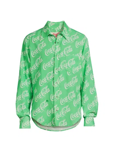 Erl Men's  X Coca-cola Cotton & Linen-blend Button-front Shirt In Green Coca Cola