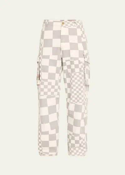 Erl Men's Faded Twill Checkered Cargo Pants
