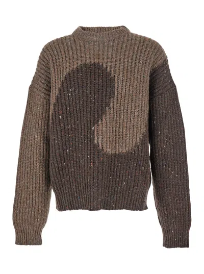 Erl Men's Wool-blend Knit Crewneck Sweater With Bicolor Motif In Brown