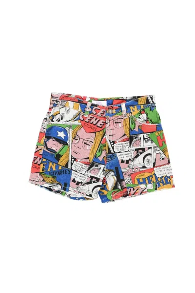 Erl Printed Denim Shorts In Blue
