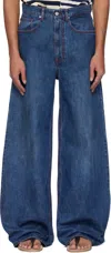 Erl Navy Baggy Indiana Distressed Jeans In Dirty Blue