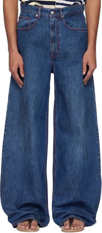 Erl Navy Baggy Indiana Distressed Jeans In Dirty Blue