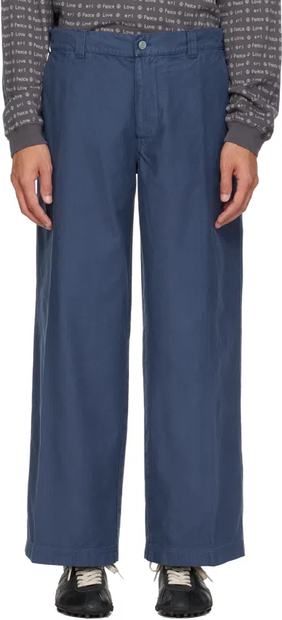 Erl Navy Chino Woven Trousers In Blue