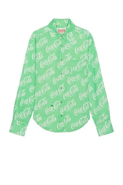Erl Printed Button Up Shirt Woven In Green Coca Cola