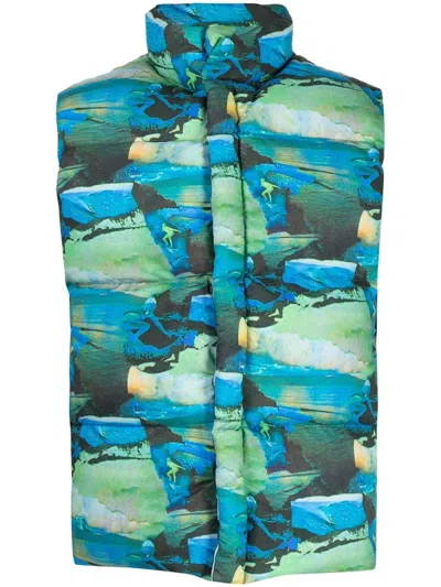 Erl Printed Quilted Puffer Gilet In Blue