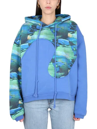 Erl Relaxed-fit Hoodie With Front Print In Blue