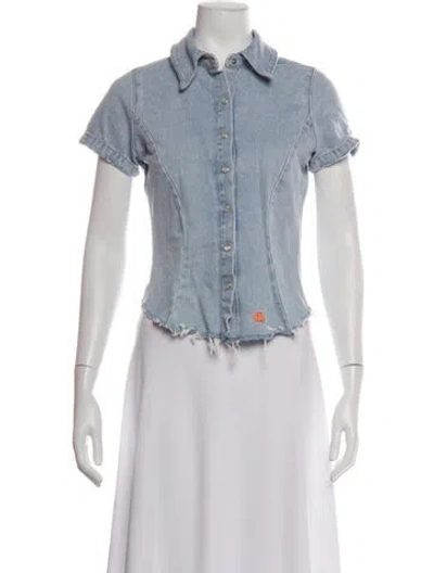 Pre-owned Erl Short Sleeve Button-up Top In Blue