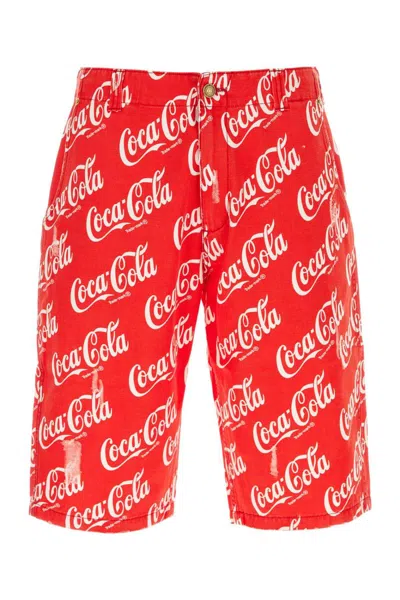 Erl Coca-cola Straight-leg Distressed Printed Cotton-canvas Shorts In Red