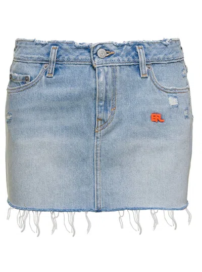 ERL LIGHT BLUE MINI-SKIRT WITH LOGO PATCH AND RAW EDGE