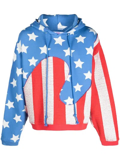 Erl Flag-print Cotton Hoodie In Blue