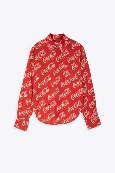 ERL UNISEX PRINTED BUTTON UP SHIRT WOVEN RED LINEN BLEND COCA COLA SHIRT - UNISEX PRINTED BUTTON UP SHIR