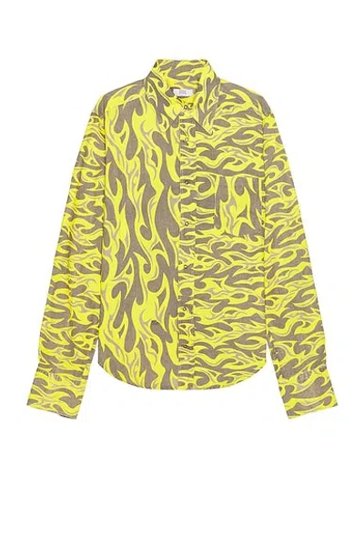 Erl Unisex Printed Button Up Shirt Woven In Yellow Flames