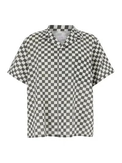 ERL BLACK AND WHITE BOWLING SHIRT WITH CHECK MOTIF IN COTTON AND LINEN MAN