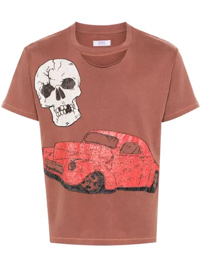 Erl Unisex Ripped Collar Skull Red Car Tshirt Knit Clothing In Brown