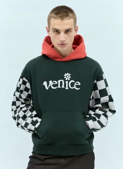 Erl Venice Checker-sleeve Hooded Sweatshirt In Black