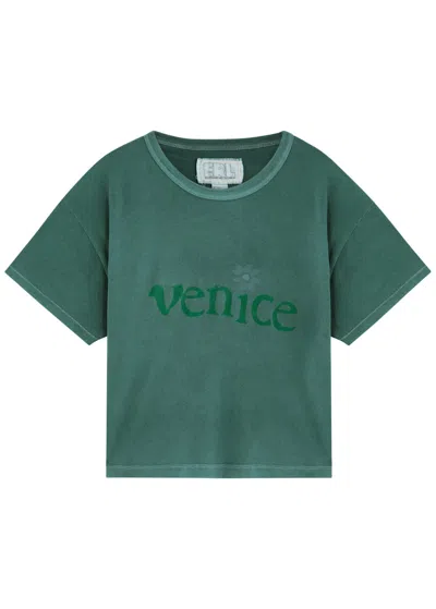 Erl Venice Cropped Cotton T-shirt In Green