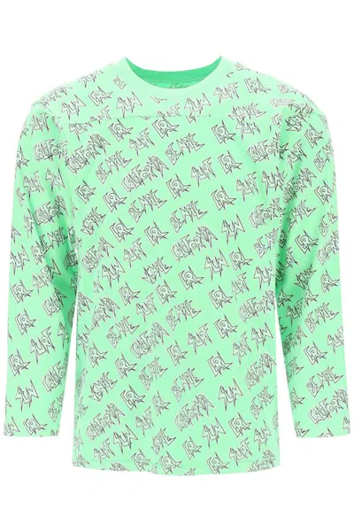 Erl 'waffle' Long Sleeved T-shirt With All-over Print In Green