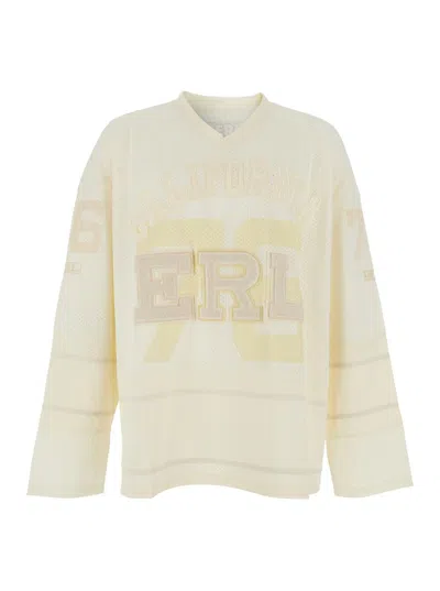ERL WHITE LONG-SLEEVE T-SHIRT WITH V NECK AND MAXI LOGO ON THE FRONT IN TECH FABRIC MAN