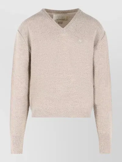 Erl Beige V-neck Embroidered Wool Sweater In Neutral
