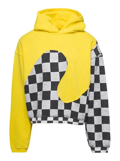 Erl Yellow Check Pattern Panelled Hoodie In Cotton Unisex In Grey