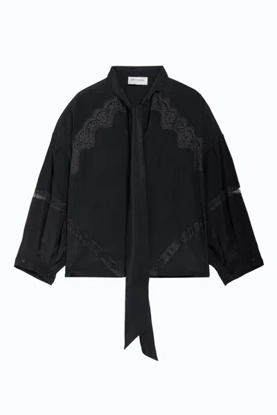 Ermanno Black Neck Tie Lace Insert Acetate-blend Blouse