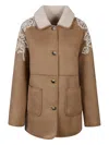 Ermanno Camel Shearling Embroidered Coat In Brown
