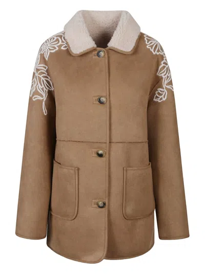 ERMANNO ERMANNO CAMEL SHEARLING EMBROIDERED COAT