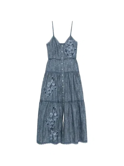 Ermanno Dark Denim Linen Maxi Dress In Multi