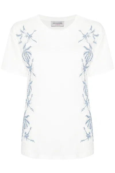 Ermanno Embroidered Cotton T-shirt With Unique Floral Design And Relaxed Fit In White