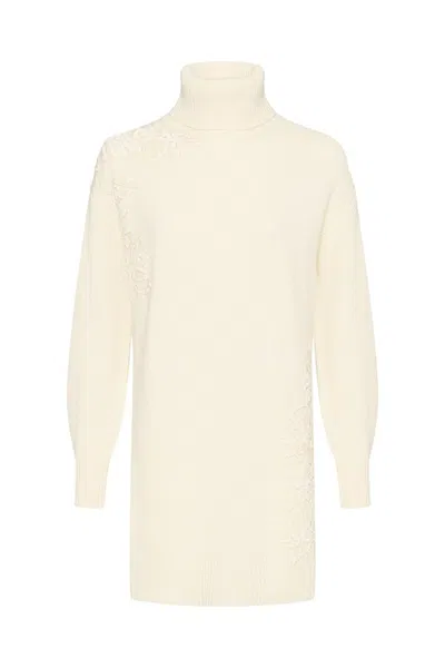 Ermanno Embroidered Turtleneck Wool Dress With Relaxed Fit And Elegant Detailing In Neutrals