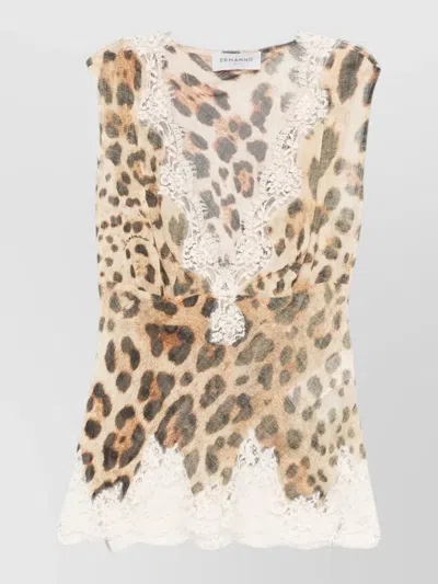 Ermanno Firenze Animal Print Lace Trim Sleeveless V Neck Top