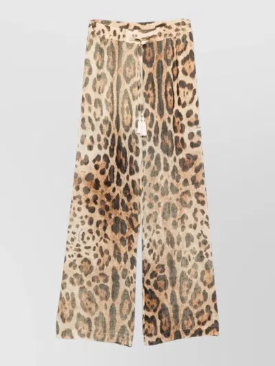 Ermanno Firenze Animal Print Wide Leg Trousers Side Pockets In Brown