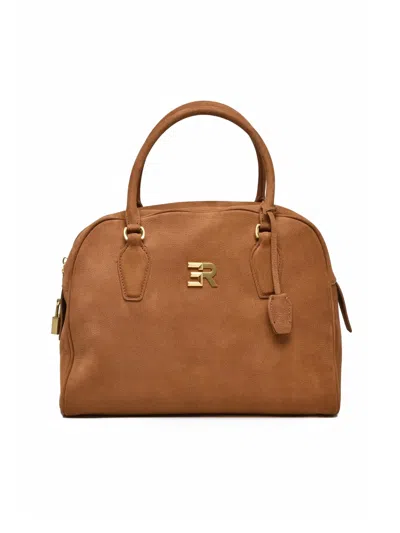 Ermanno Firenze Anita Suede Handbag With Structured Design And Gold Accents In Brown