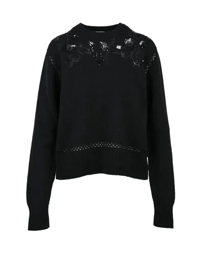 Ermanno Firenze Black Embroidered Viscose-blend Crewneck Sweater