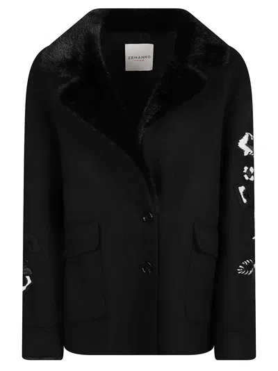 Ermanno Firenze Boxy Black Jacket With Plush Fur Collar And Embroidered Sleeves