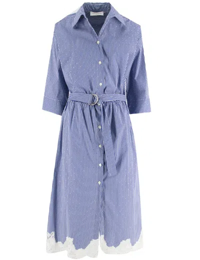 Ermanno Firenze Button-up Dress With Embroidery And Lace Inserts In Blue