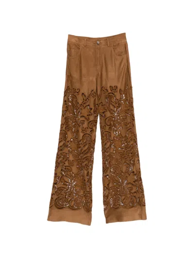 Ermanno Firenze Suede Leather Effect Trousers In Brown