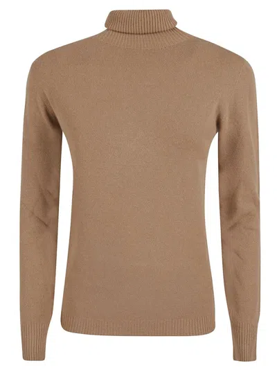 Ermanno Firenze Camel Solid Knit Turtleneck With Ribbed Detailing In Animal Print