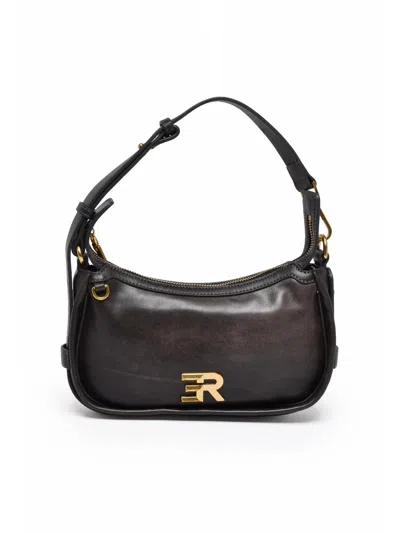 Ermanno Firenze Compact Brown Bovine Leather Shoulder Bag With Golden Accents In Black