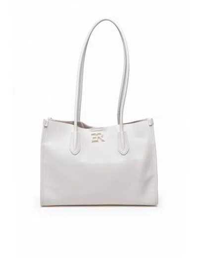 Ermanno Firenze Compact White Tote Bag With Clip Closure And Metallic Detail