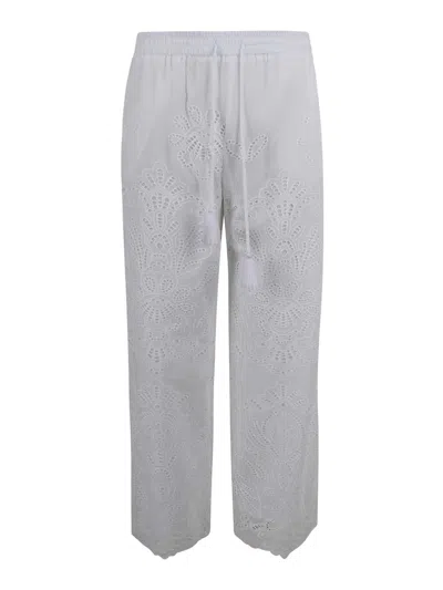 Ermanno Firenze Wide Leg Sheer Cotton Trousers Tassels In White