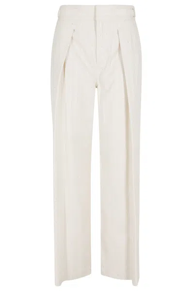 Ermanno Firenze Cream All-over Rhinestones Darts Cotton-blend Wide-leg Pants In Gold